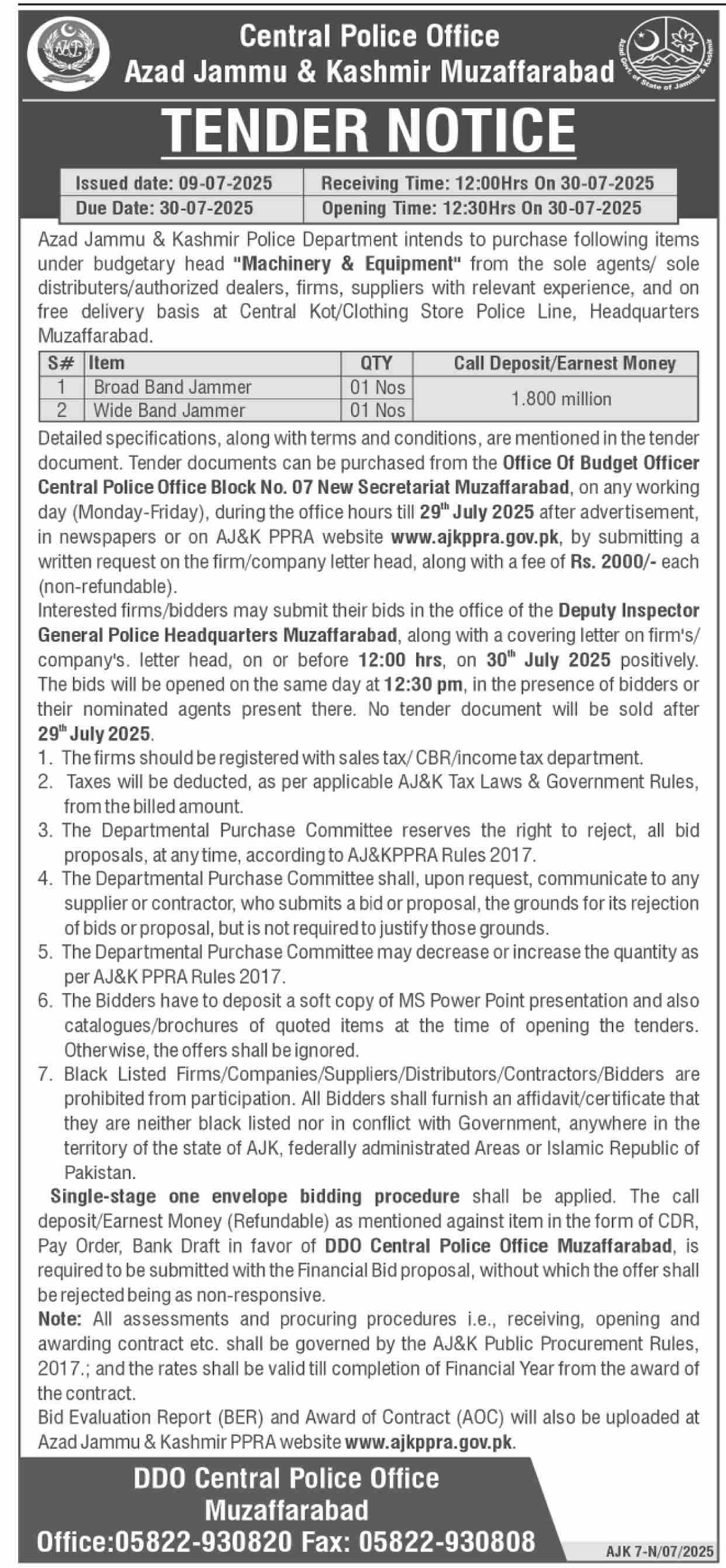 Police Department Muzaffarabad Tender Notice